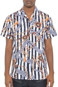 MENS GOLD CHAIN STATUS PRINT BUTTON DOWN SHIRT (Color: White, size: L)